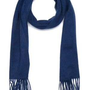 $198 - Qi Unisex Cashmere Royal Navy Double Faced Fringe Scarf 70" L x 14" W